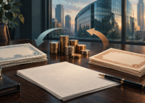 Illustrazione di una scrivania finanziaria con documenti, monete e architettura bancaria sullo sfondo