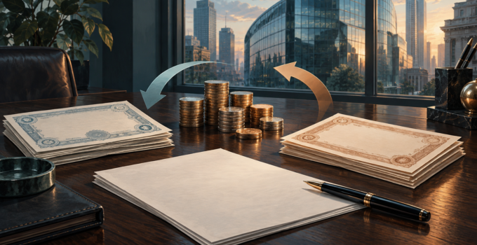 Illustrazione di una scrivania finanziaria con documenti, monete e architettura bancaria sullo sfondo