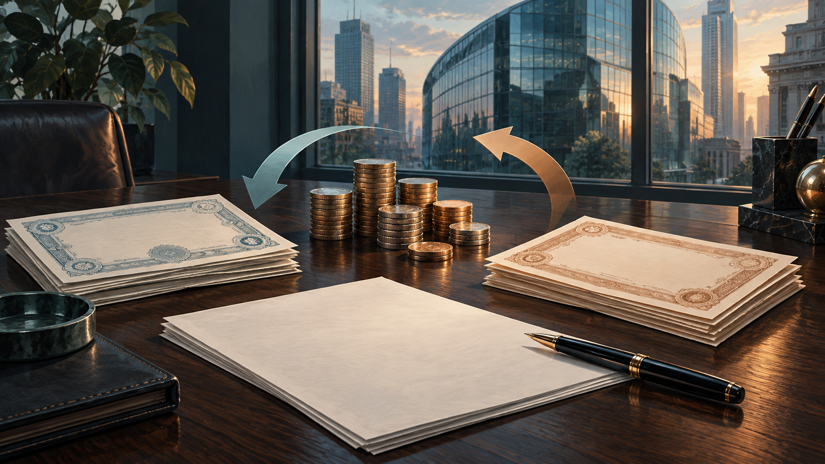 Illustrazione di una scrivania finanziaria con documenti, monete e architettura bancaria sullo sfondo