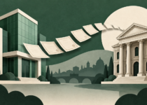 Illustrazione concettuale di due edifici bancari collegati da documenti societari