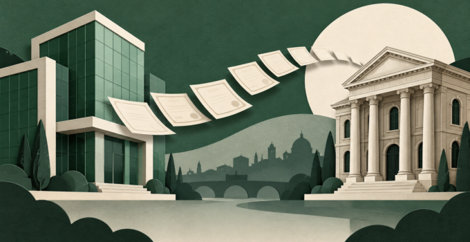 Illustrazione concettuale di due edifici bancari collegati da documenti societari