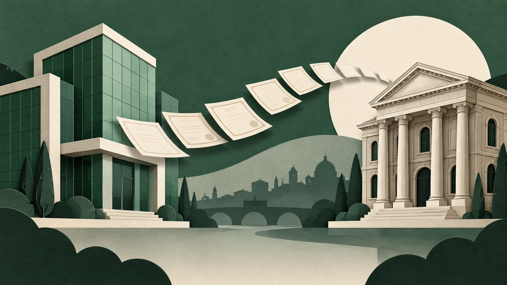 Illustrazione concettuale di due edifici bancari collegati da documenti societari