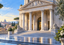 Architettura bancaria italiana con pilastri di pietra e riflessi azzurri