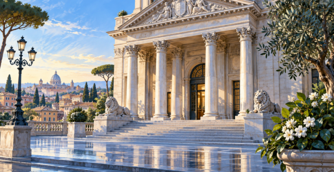 Architettura bancaria italiana con pilastri di pietra e riflessi azzurri
