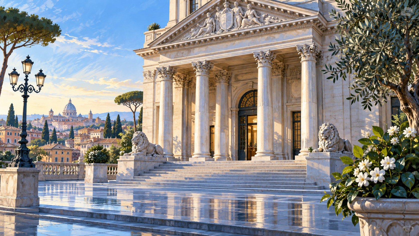 Architettura bancaria italiana con pilastri di pietra e riflessi azzurri