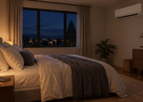 Camera da letto in luce serale con climatizzatore a parete e telecomando sul comodino per controllare le impostazioni notturne