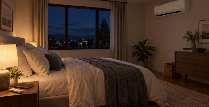Camera da letto in luce serale con climatizzatore a parete e telecomando sul comodino per controllare le impostazioni notturne