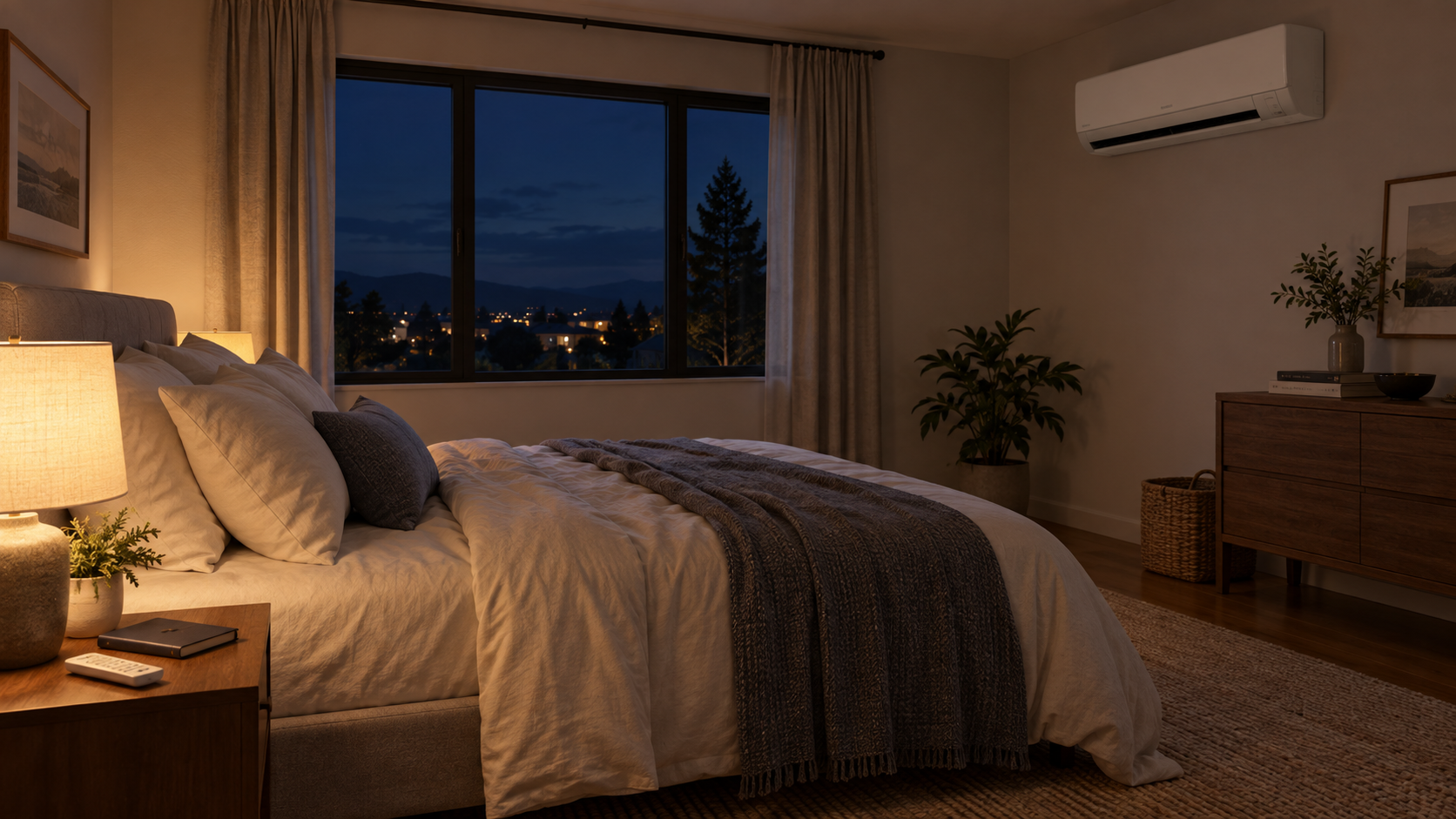 Camera da letto in luce serale con climatizzatore a parete e telecomando sul comodino per controllare le impostazioni notturne