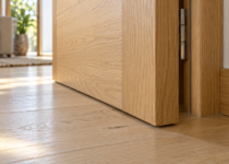Dettaglio del bordo inferiore di una porta in legno vicino al parquet, con un segno di sfregamento sul pavimento