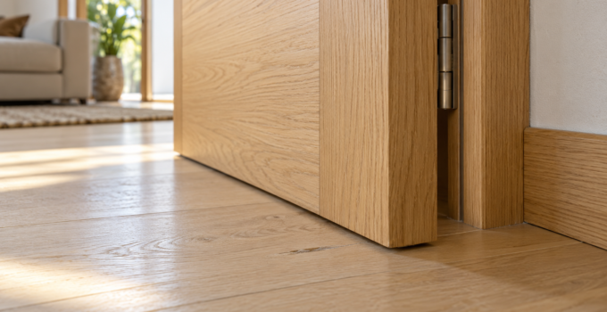 Dettaglio del bordo inferiore di una porta in legno vicino al parquet, con un segno di sfregamento sul pavimento