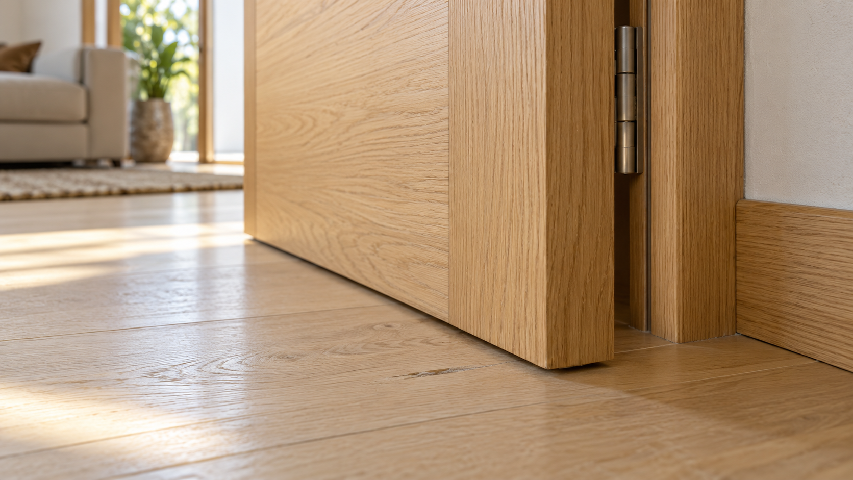Dettaglio del bordo inferiore di una porta in legno vicino al parquet, con un segno di sfregamento sul pavimento