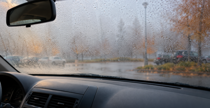 Parabrezza con condensa visto dall?interno di un?auto parcheggiata, con cruscotto e bocchette di ventilazione in primo piano