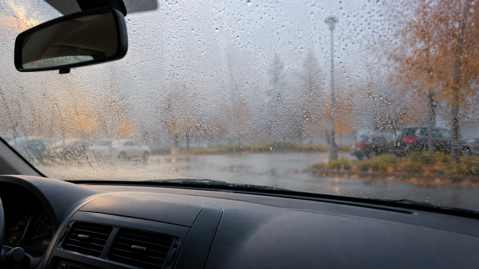 Parabrezza con condensa visto dall?interno di un?auto parcheggiata, con cruscotto e bocchette di ventilazione in primo piano